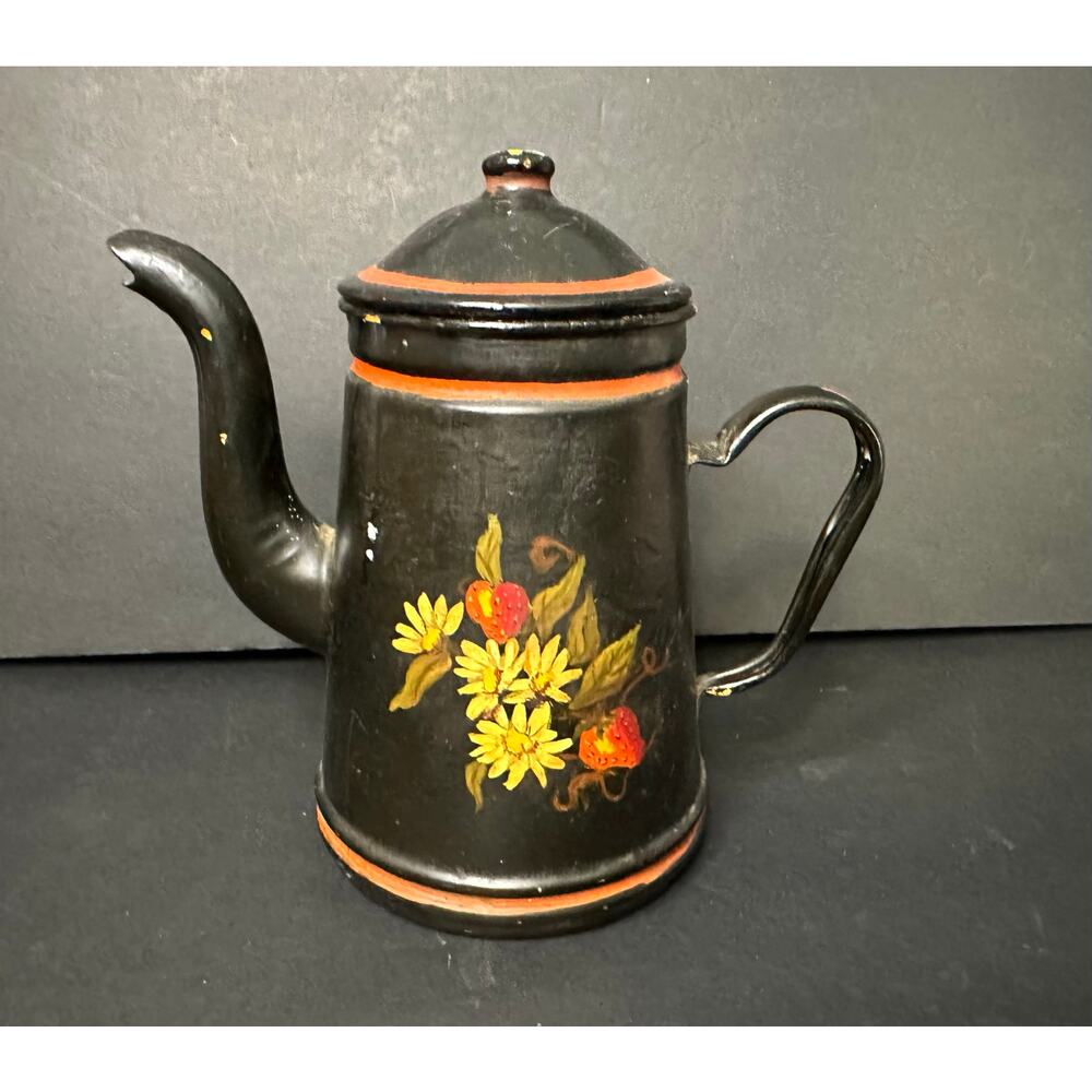 Hand Painted Black Metal Tole Style Coffee Pot w/Berries Strawberry Vintage Era